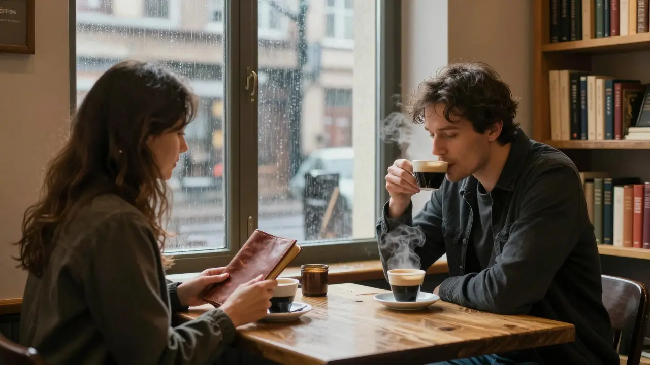 A quiet moment in a Prenzlauer Berg book café, two people sharing espresso as rain falls outside.