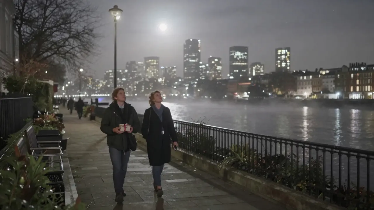 A quiet nighttime walk along the Thames, figures silhouetted against the glowing city skyline.