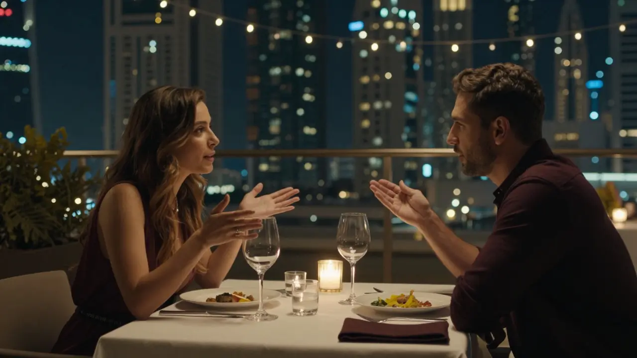 A quiet rooftop dinner in Dubai with city skyline views and candlelit table setting.