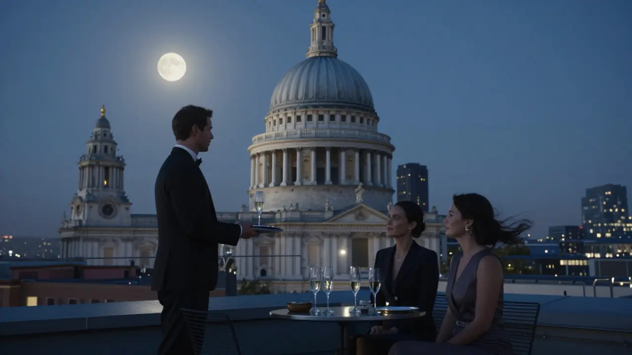 A quiet rooftop terrace at night with a butler offering champagne and St. Paul’s Cathedral in the distance.