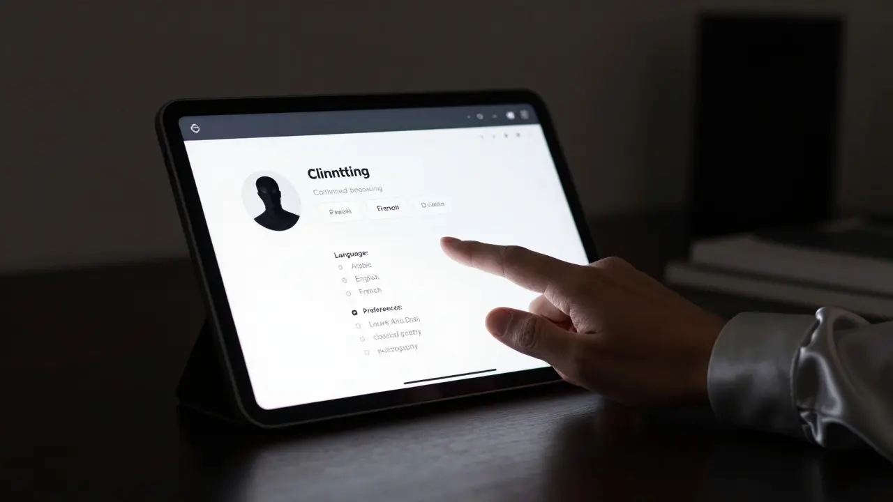 A secure digital client portal on a tablet, displaying a confidential booking with cultural and linguistic preferences.