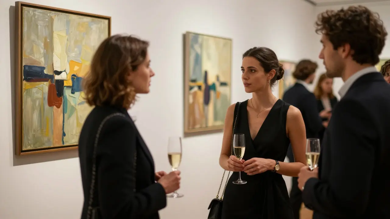 A sophisticated couple conversing at an art gallery opening in Charlottenburg, surrounded by abstract paintings.
