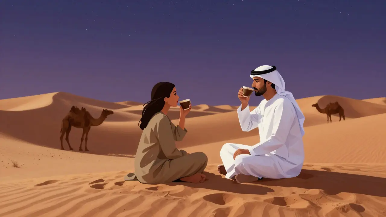 A traveler and local guide sharing Arabic coffee during a desert safari at dusk under a starry sky.