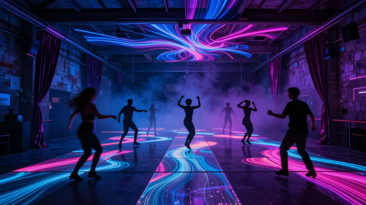 A vibrant nightclub with LED floor panels pulsing in sync with music, silhouetted dancers under a dynamic light ceiling.