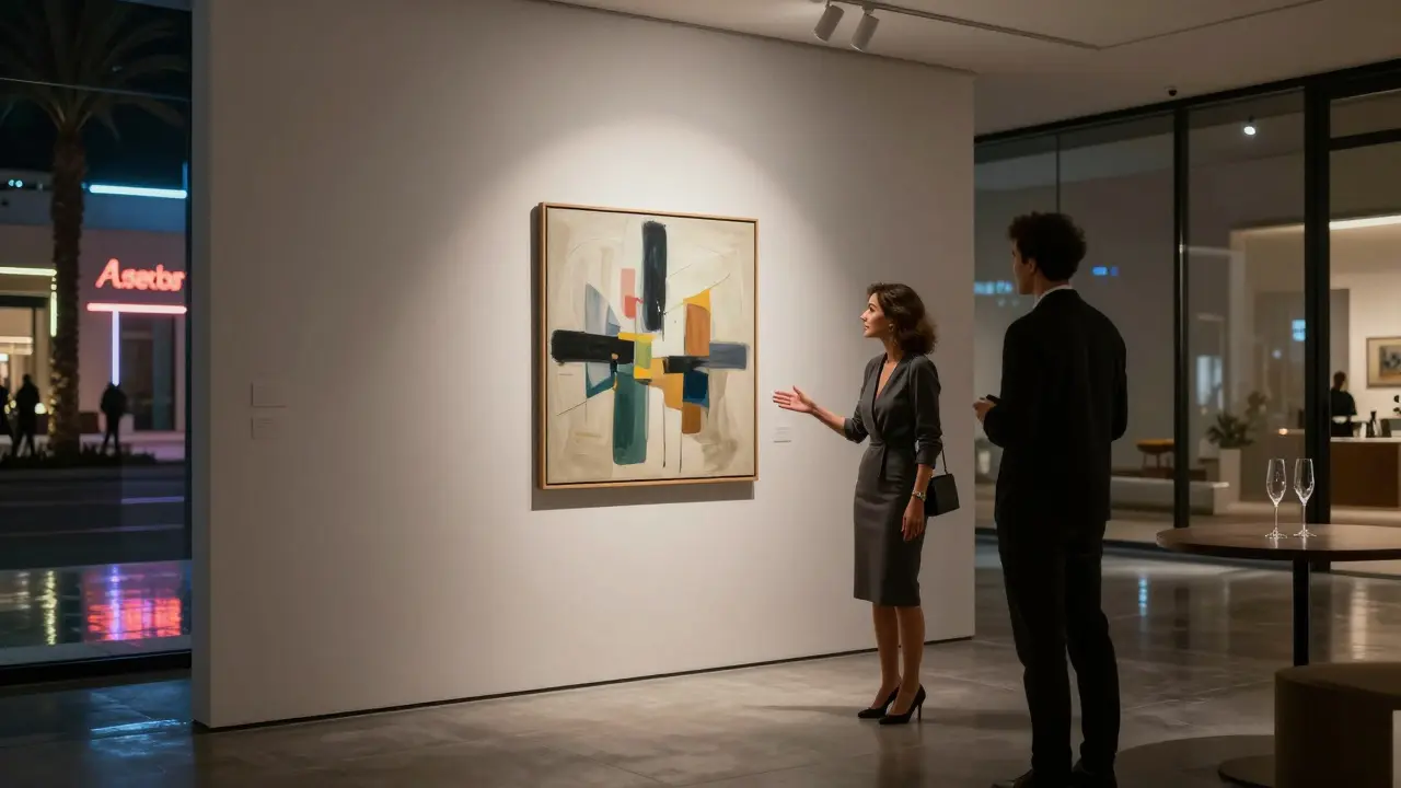 A visitor engaging with art in a modern Dubai gallery, illuminated by soft spotlight amid sleek contemporary design.