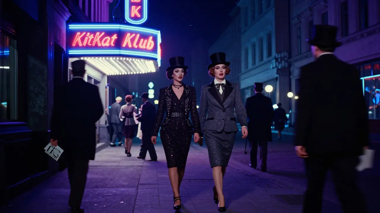 A Weimar-era Berlin street scene with a woman in a suit walking beside a drag performer under neon lights.