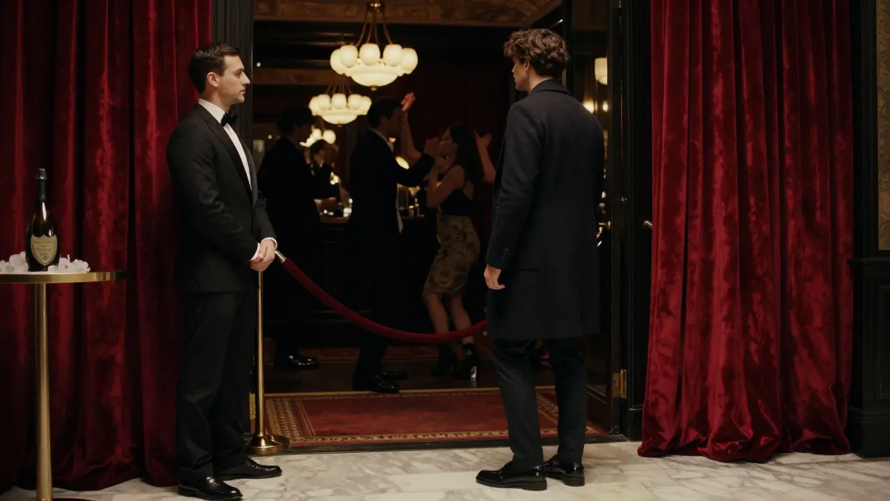A well-dressed guest is politely assessed at the velvet rope entrance of Le Palace, dim lights reflecting off marble and crimson curtains.