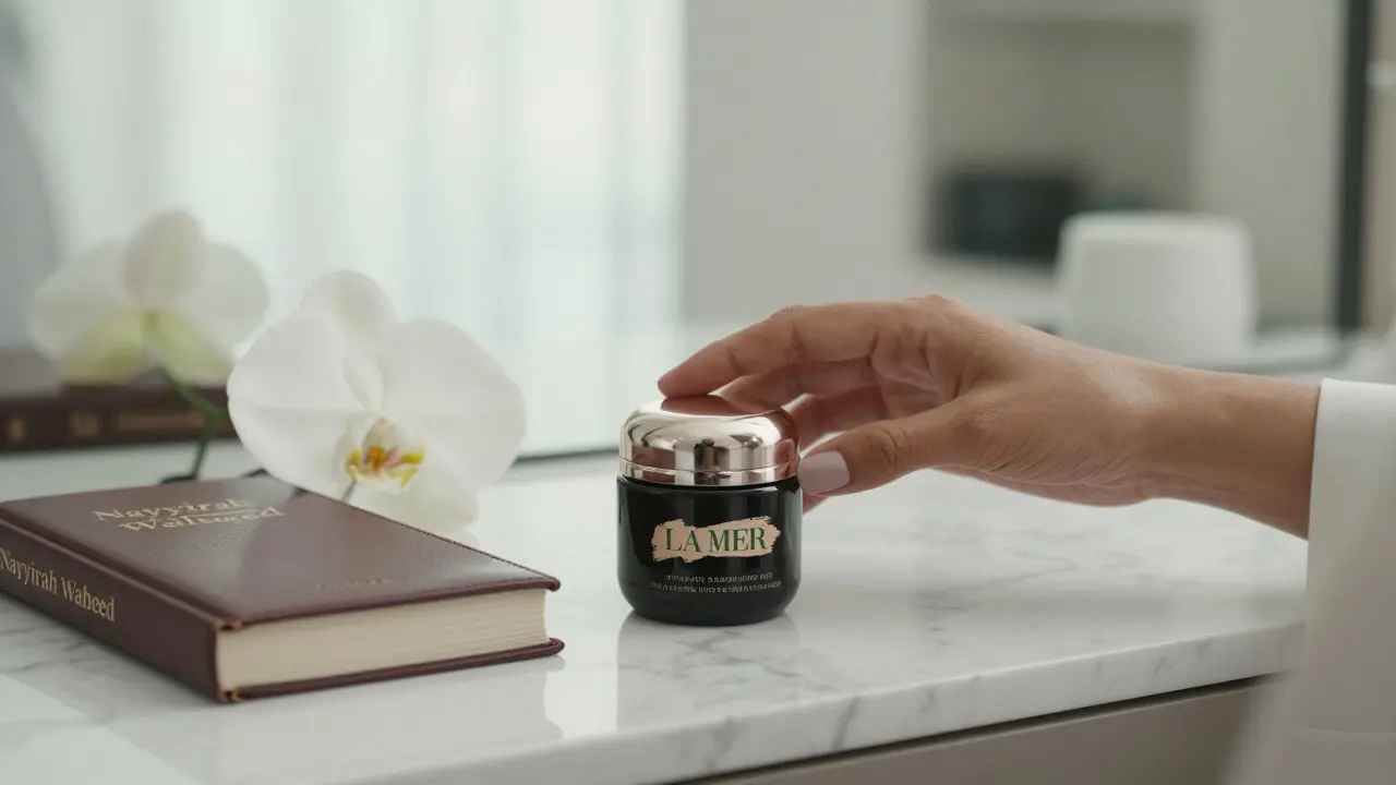 A woman's hand touching a luxury skincare set and poetry book on a marble vanity with a white orchid.