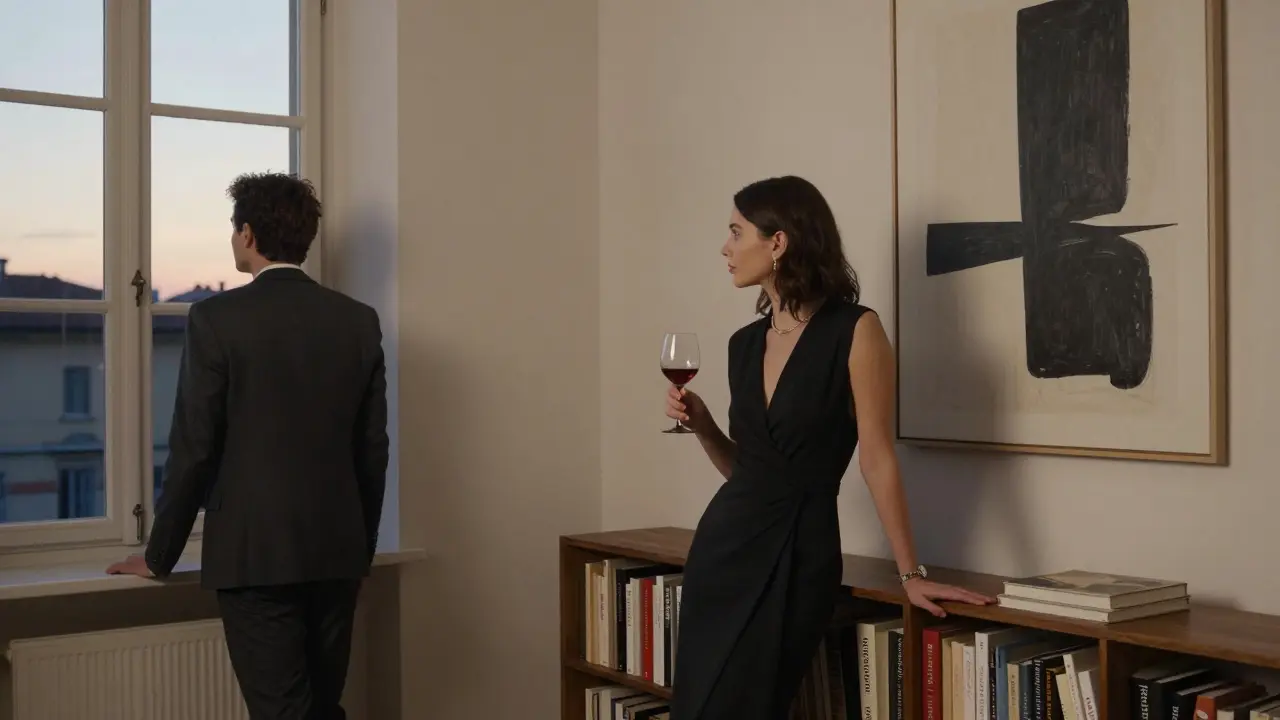 A woman in a black dress beside a bookshelf in a Brera apartment, a man looking out at sunset, quiet and refined atmosphere.