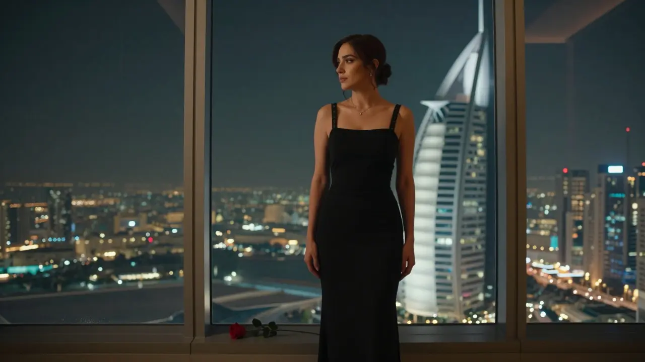 A woman in a black dress stands by a window in a high-rise hotel, overlooking Abu Dhabi's illuminated skyline at night.