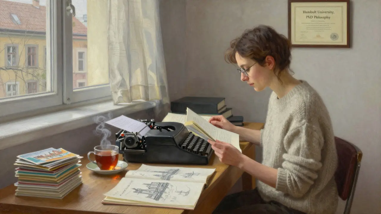 A woman in a sunlit Berlin studio, surrounded by books and art, reflecting a life of intellect and independence.