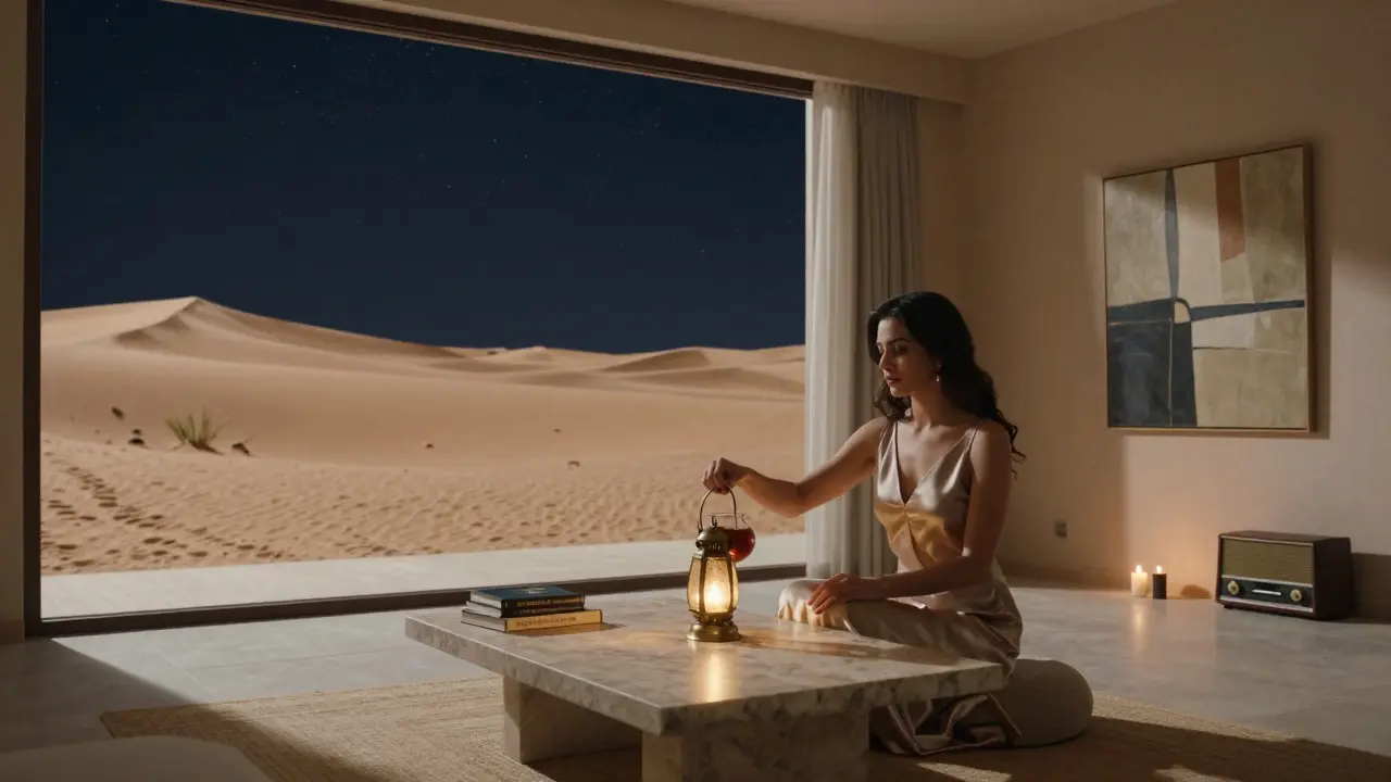 A woman pouring tea in a desert villa under a lantern, stars visible through large windows.
