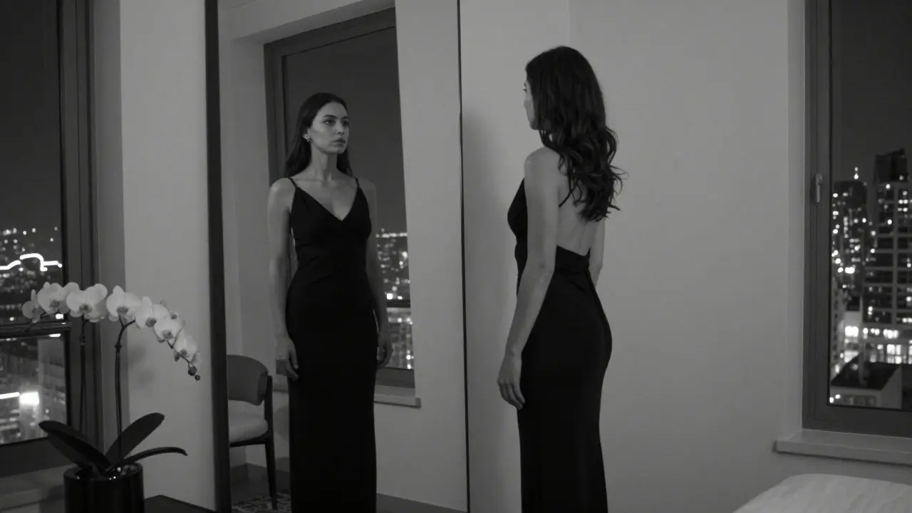 A woman stands alone before a mirror in a minimalist penthouse, exuding calm self-assurance as the Dubai skyline glows behind her.