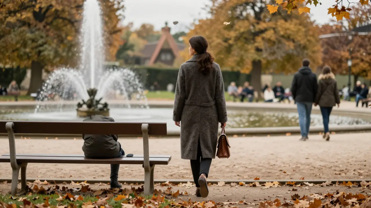 A woman walks alone through autumn leaves in Luxembourg Gardens, calm and composed, no one else in sight.