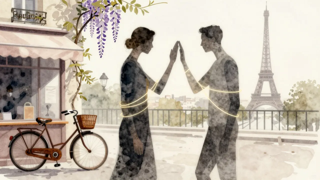 Abstract figures in a Paris courtyard mirror each other’s posture, connected by golden threads of emotional sync.