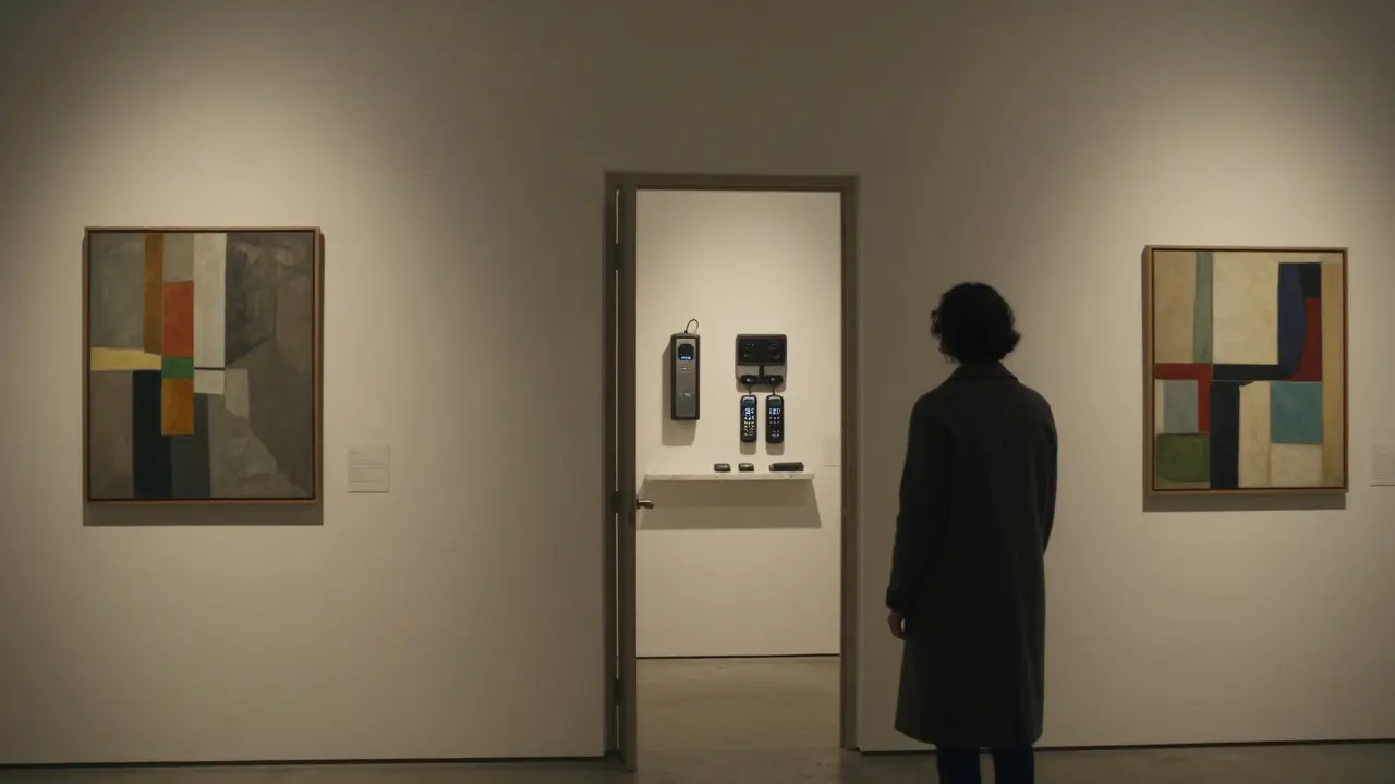 An empty art gallery after hours, a hidden door slightly ajar revealing encrypted devices on a marble shelf.