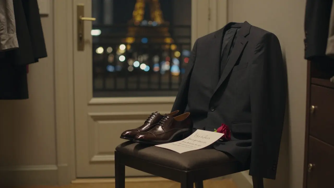 An empty chair in a hotel hallway holds a suit jacket, rose, and note—symbolizing a meaningful, private encounter.