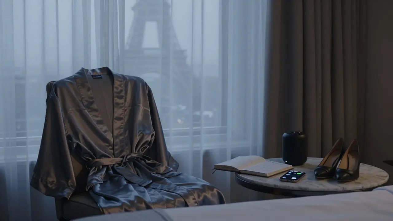 An empty luxury hotel suite at dawn, with a coded journal and encrypted phone on the table, conveying discretion.