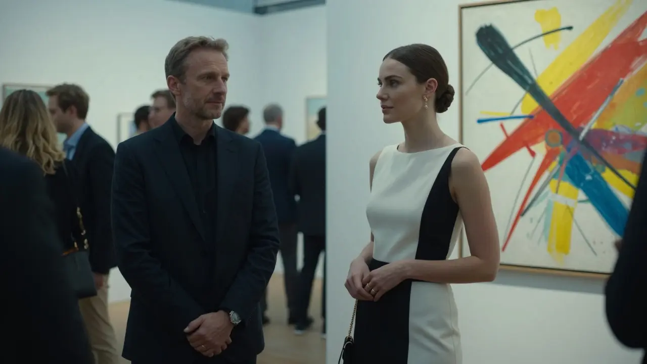 An escort and client stand together observing a Kandinsky painting at a high-society art gallery event.