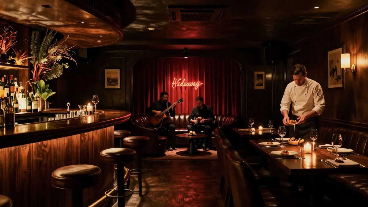 An underground speakeasy with three rooms: a bar, jazz lounge, and private dining area lit by candlelight.