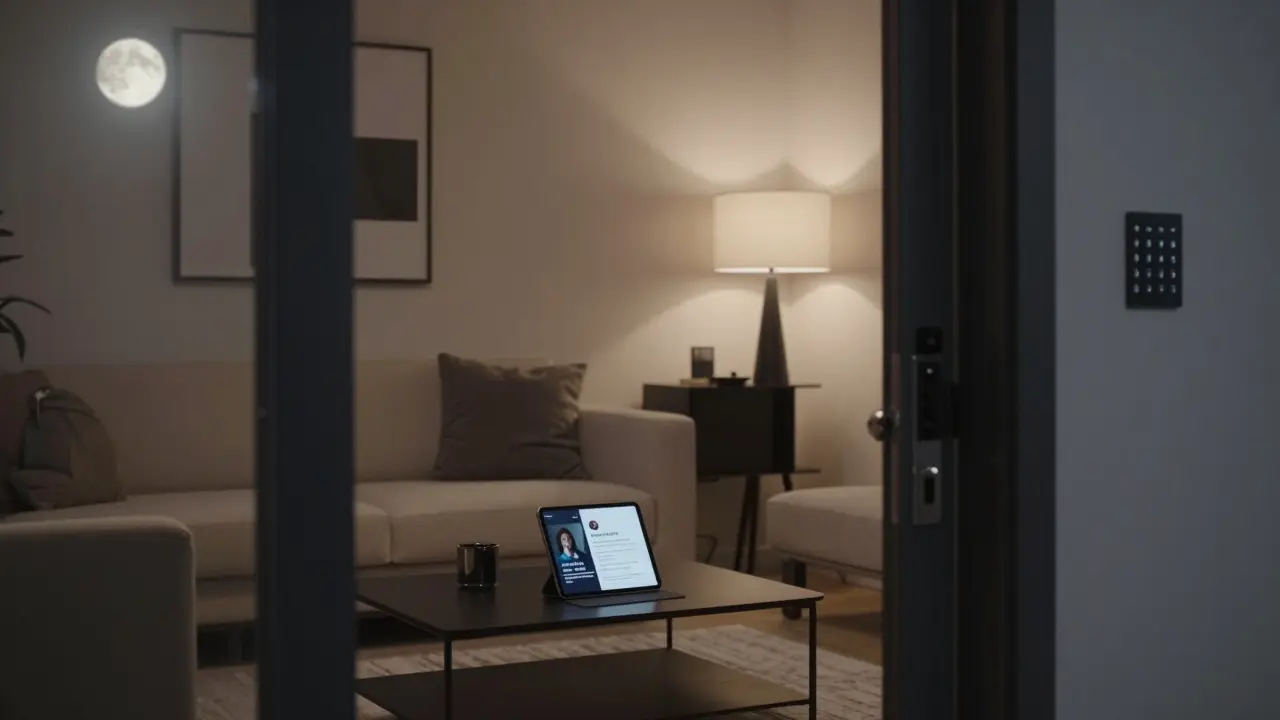 An upscale Chelsea apartment door with a coded keypad, lit softly from within.