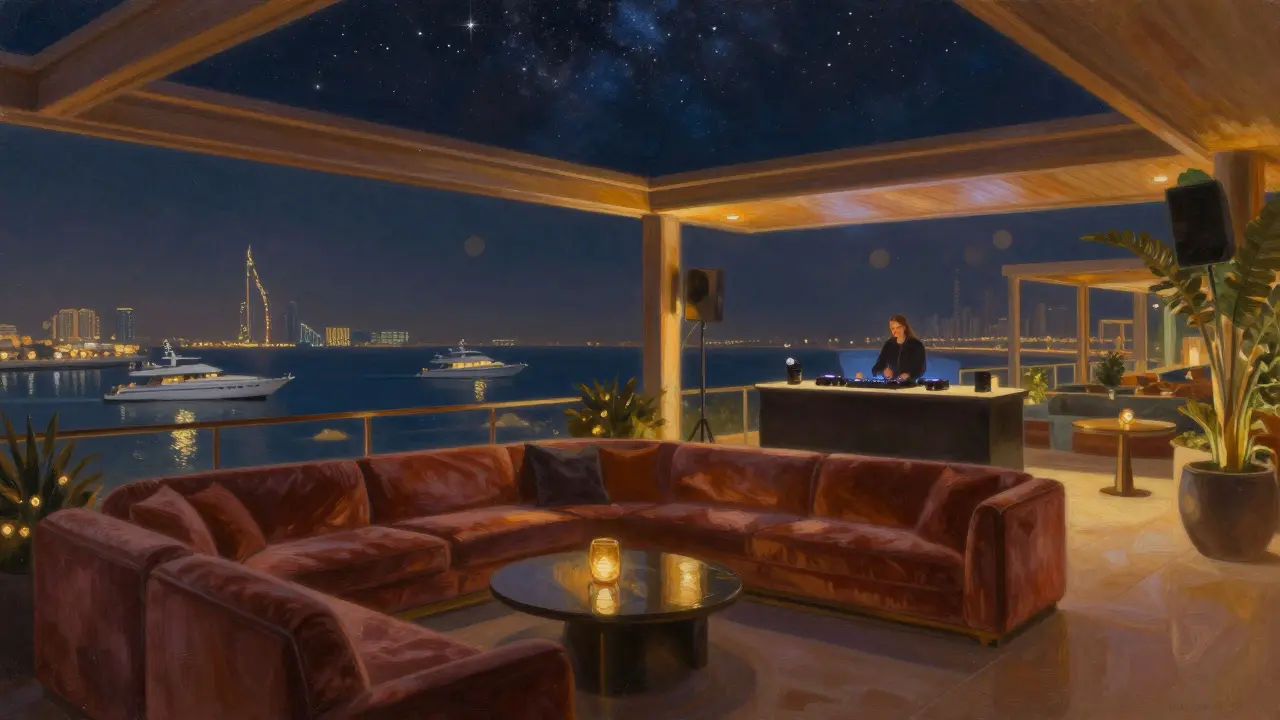 Cielo Dubai rooftop lounge with velvet couches, starry sky, and marina lights reflecting on water under nightfall.