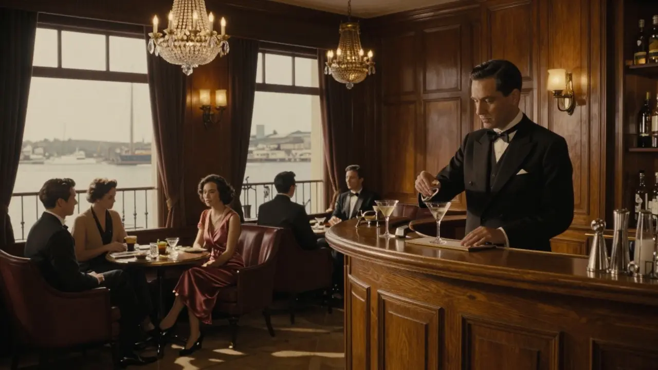 Classic 1920s bar lounge with wooden paneling and patrons enjoying martinis by the harbor.