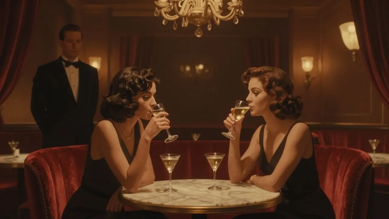 Couples quietly enjoying Champagne Martinis in the dim, luxurious interior of Le Palace nightclub.