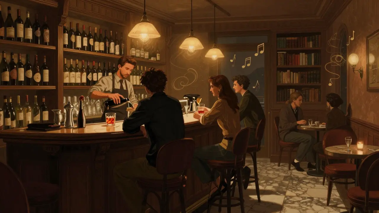 Cozy Brera bar interior with patrons sipping Negronis in warm, intimate lighting.