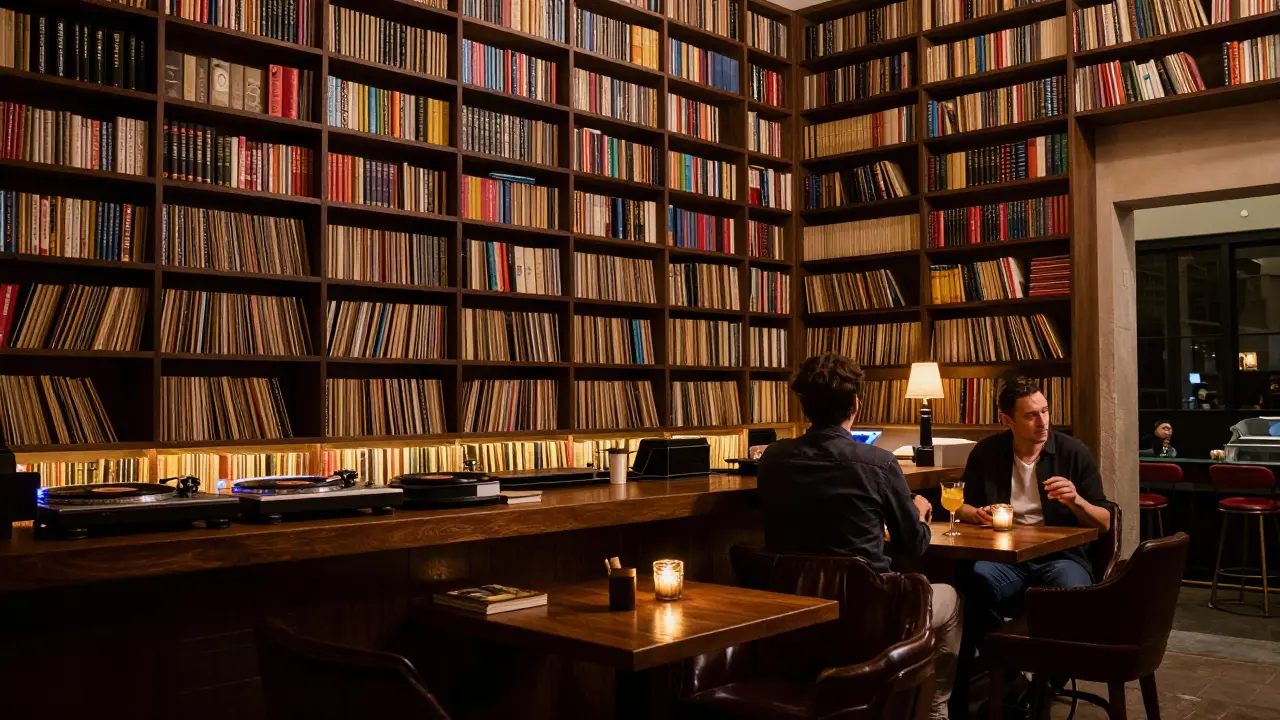 Cozy hidden bar with bookshelves and vinyl records, a lone guest enjoying a cocktail in warm lamplight.