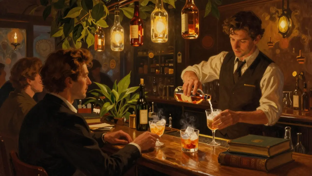 Cozy hidden bar with wooden interiors, candles, and bartenders crafting cocktails.