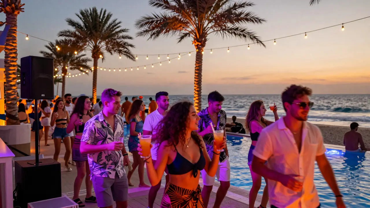Crowd dancing by the pool at Blue Marlin Dubai under neon lights and string lamps.
