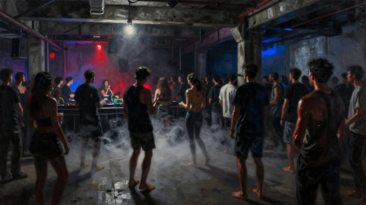 Crowd dancing in a dim, fog-filled warehouse nightclub with pulsing lights.
