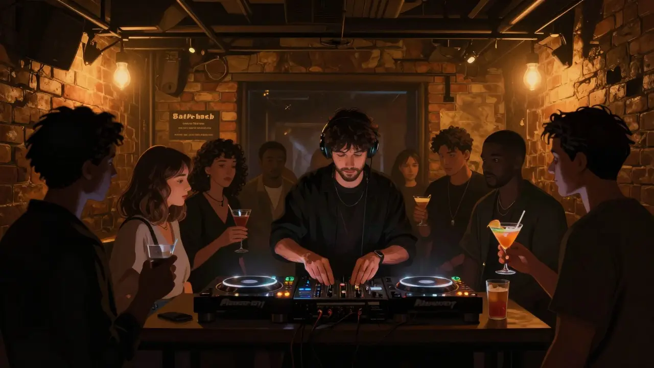 Crowd enjoying live music in a hidden underground club with industrial decor