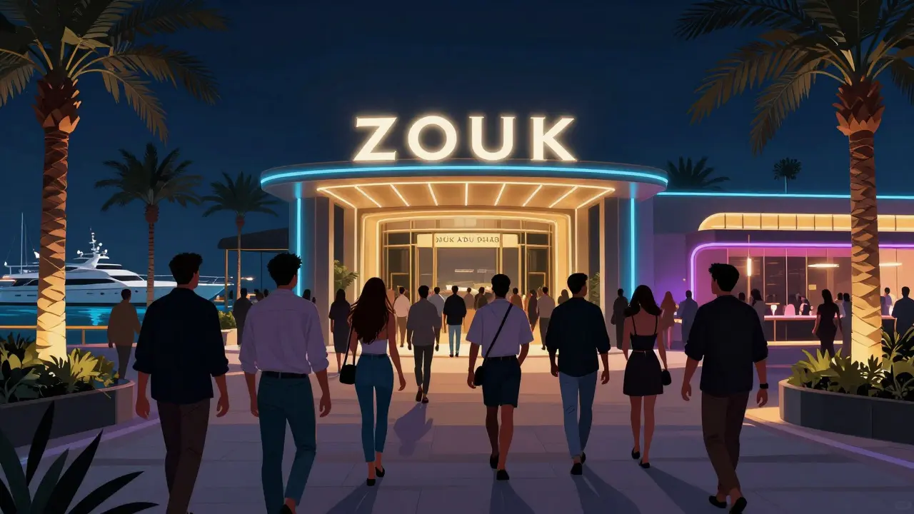 Crowd entering Zouk Abu Dhabi on Yas Island at night, neon lights and luxury yachts in the distance.
