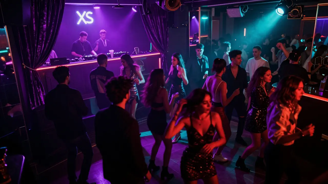 Crowded nightclub with neon lights and dancers under pulsing beams of colored light.