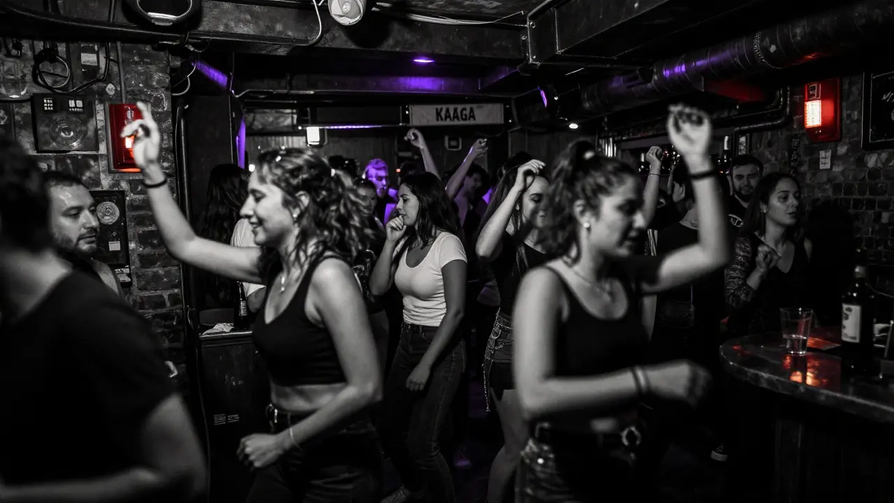 Crowded underground bar with industrial lighting and dancers moving to techno music.