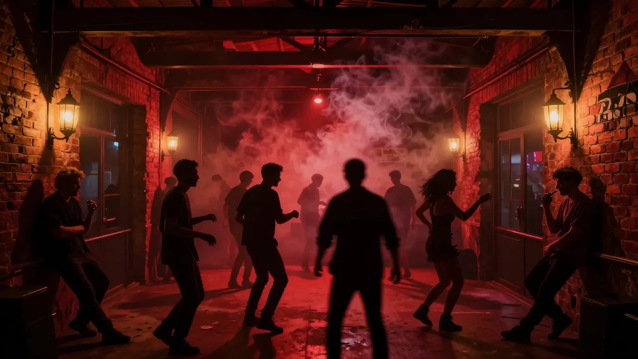 Crowded underground club in Karaköy with dancers under red lights, smoke and brick walls, no signs visible.
