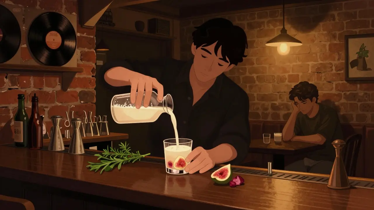 Dim basement bar with bartender pouring a milky cocktail, vintage records, and warm ambient lighting.