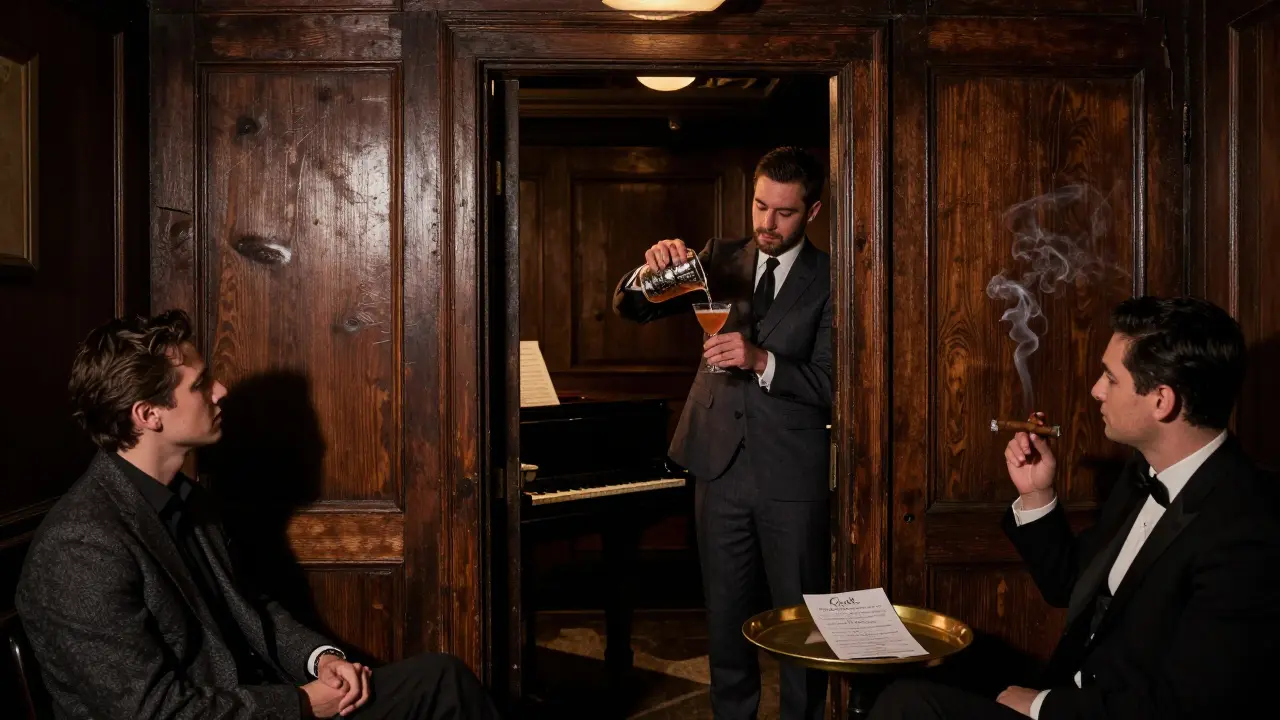 Dim speakeasy bar Le Caveau with a mixologist pouring a cocktail, no phones, only piano and quiet conversation.