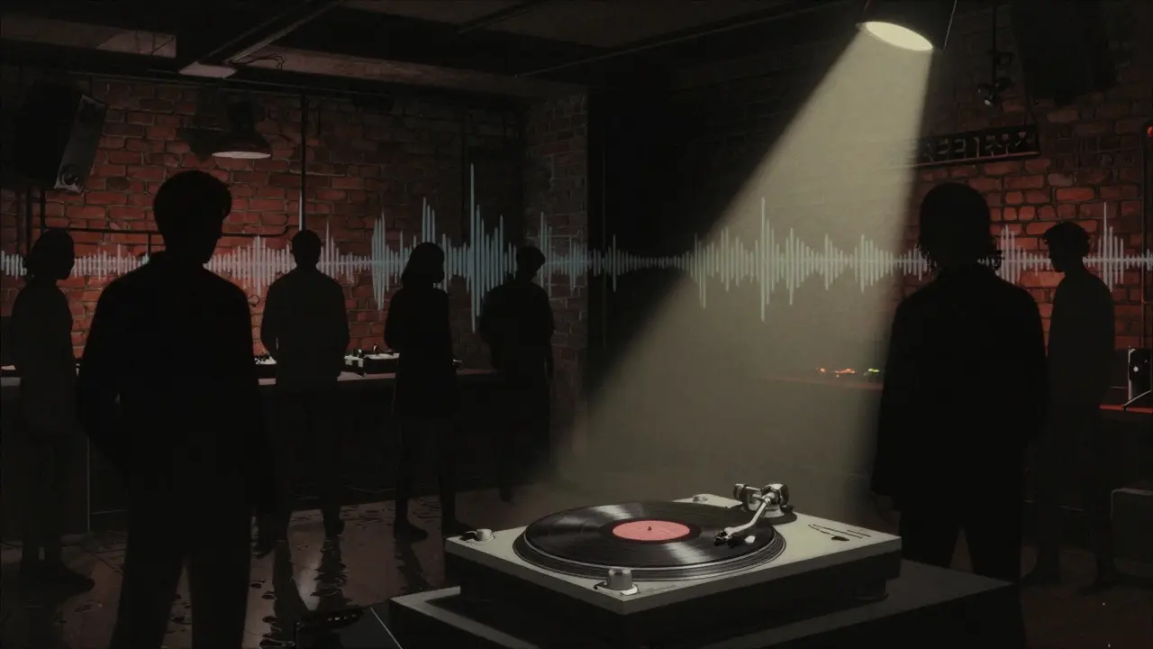 Dim underground club with vinyl turntable and silhouetted patrons lost in music.