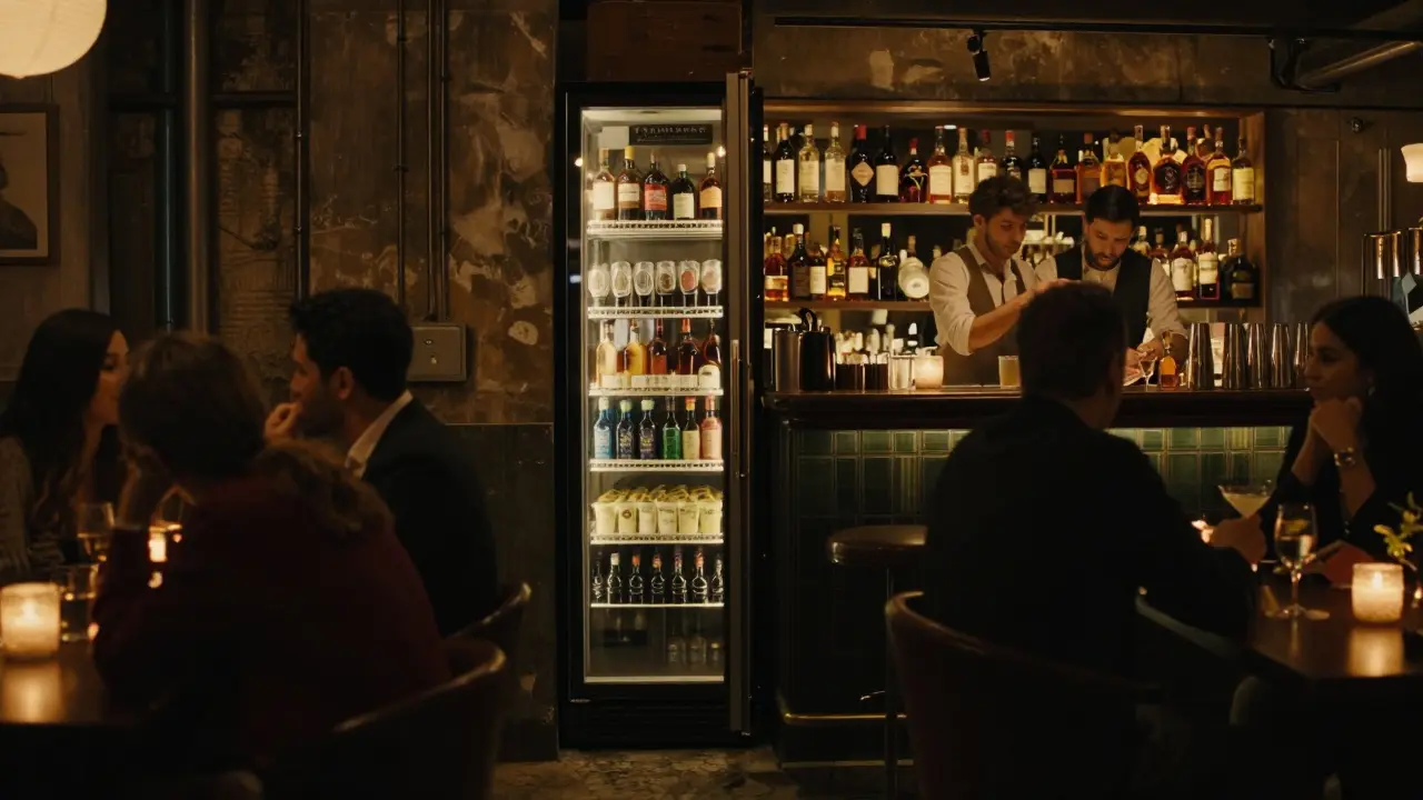 Dimly lit speakeasy bar with bartenders mixing drinks in an industrial warehouse.