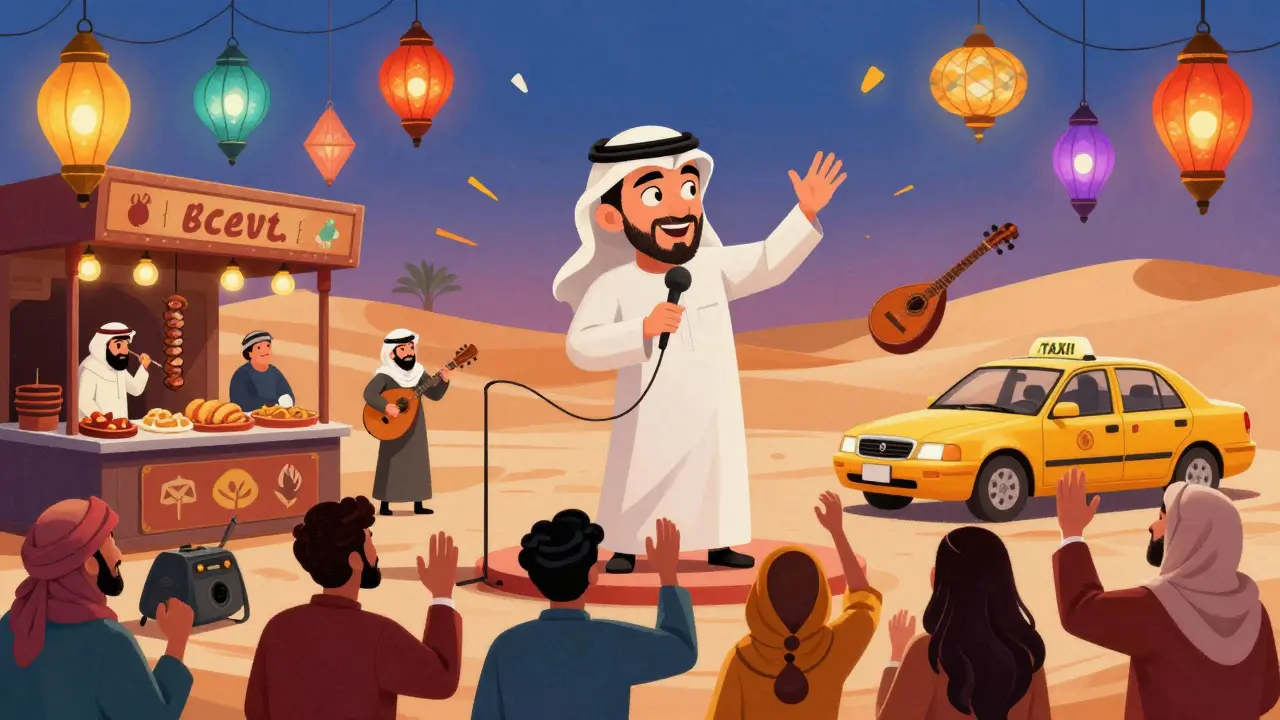 Diverse crowd cheering at a culturally rich comedy show with floating caricatures of Emirati life.