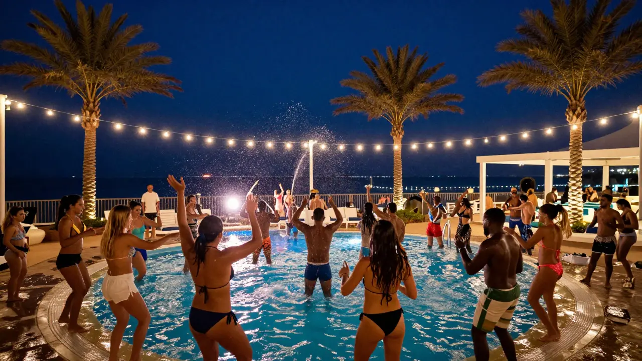 Diverse crowd dancing poolside at a beach club under string lights, water splashing in the background.