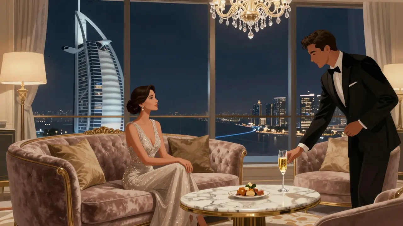 Elegant companion and client in a lavish Burj Al Arab suite with ambient lighting.