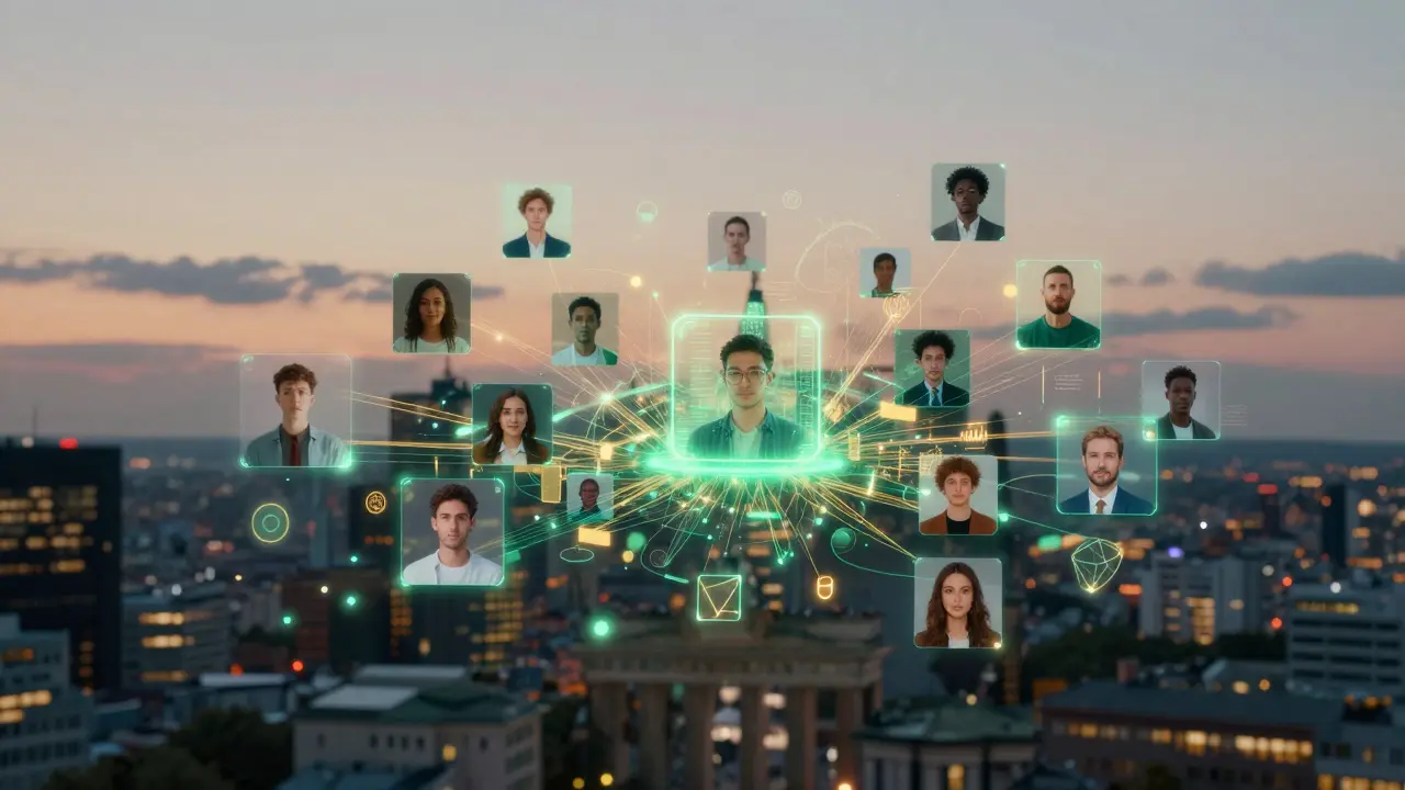 Floating digital marketplace with blockchain nodes and AI profiles above Berlin skyline at dusk.