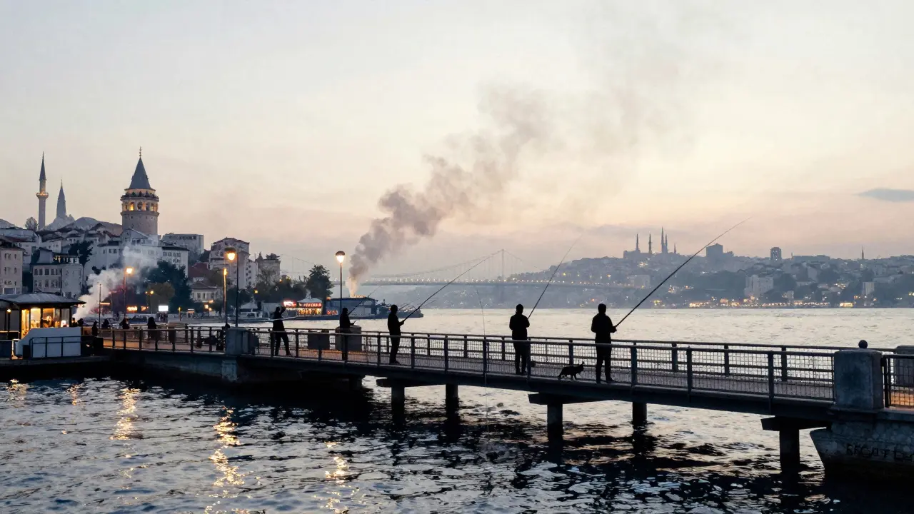 Galata Bridge at dawn, fishermen silhouetted over water, a cat walking, soft dawn light reflecting on the Bosphorus.