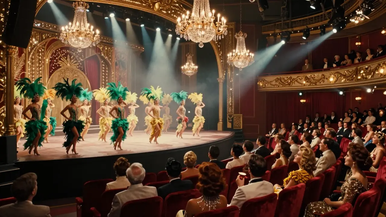 Glittering cabaret show with feathered dancers under chandeliers on a grand stage.
