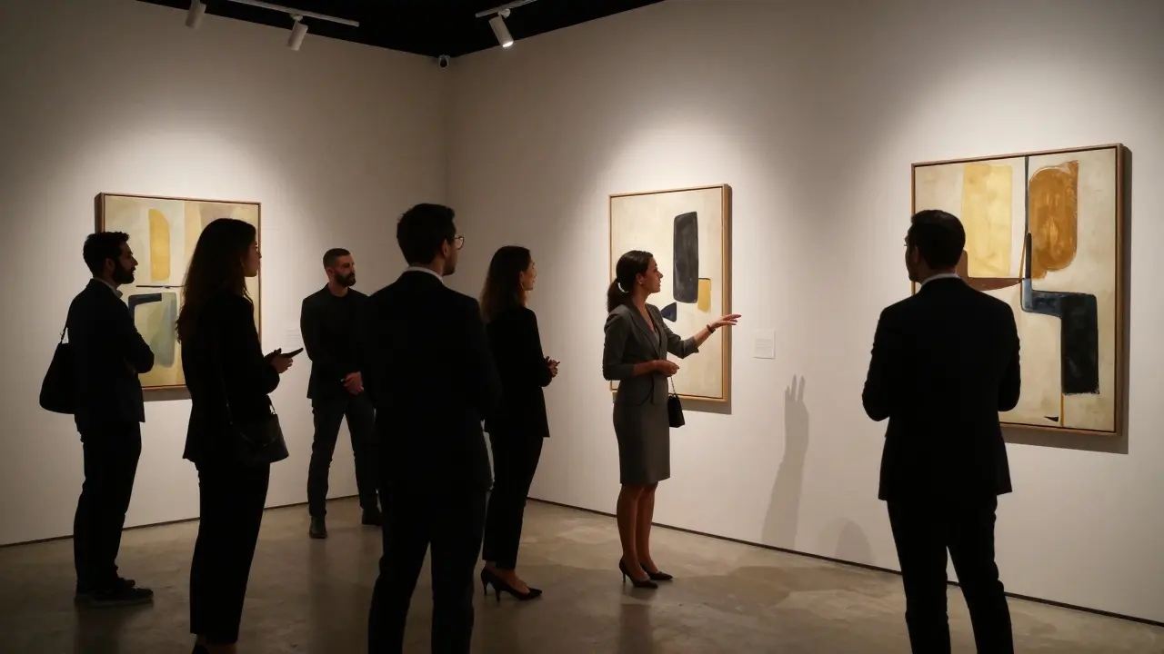 Guests at a private art gallery opening in Abu Dhabi, mingling under soft lights beside contemporary paintings.