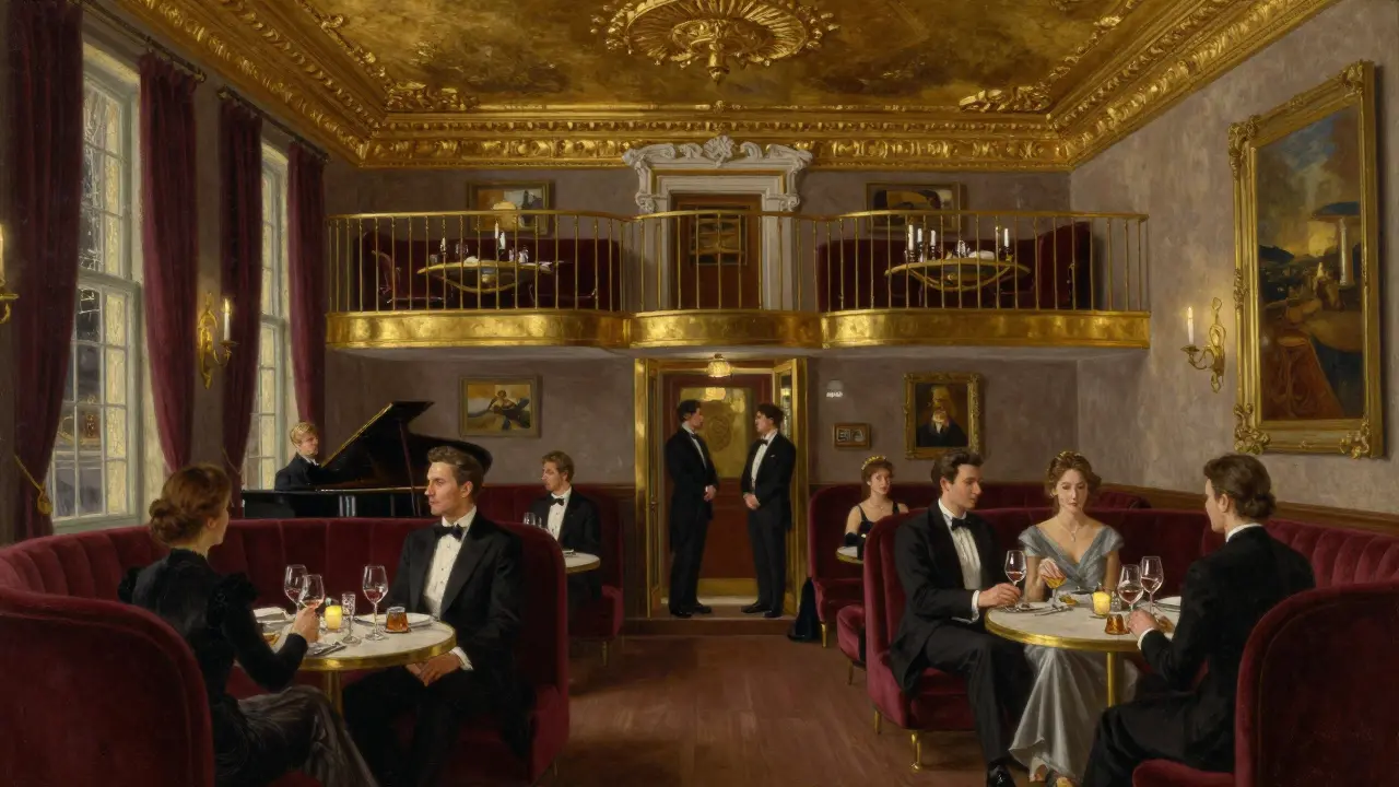 Guests in elegant attire sipping champagne beneath gold-leaf ceilings in a high-end private club.